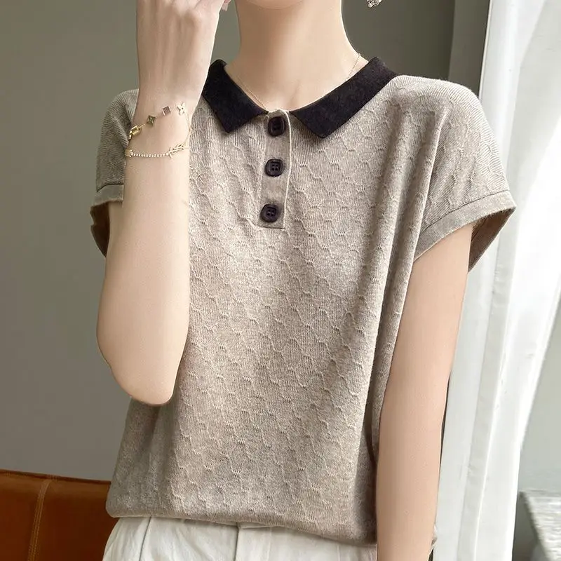 

Knitted Thin Short Sleeved T-shirt For Women's 2025 Summer New Lapel Loose Top