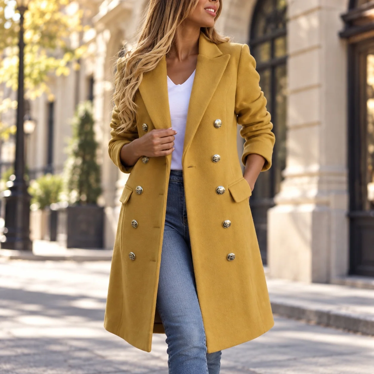 Fitted Patchwork Coat Commuter Elegant with Medium Weight Double Breasted Notched Lapel Midi Length Long Sleeve Women Coat
