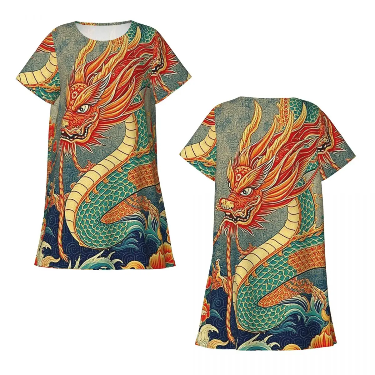 Chinese Dragon Asian Oriental Style Art Short Sleeves Nightdress For Sleepshirts Women Short Sleeve Nightgowns Pajama Dress