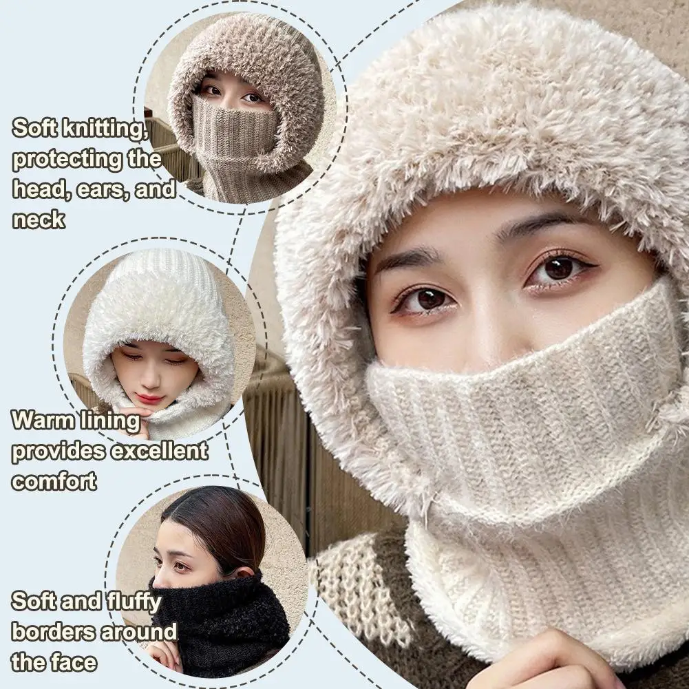 Gorro de punto grueso, bufanda, máscara de una pieza, gorro cálido de invierno para mujer, protección facial completa, pasamontañas a prueba de viento con capucha