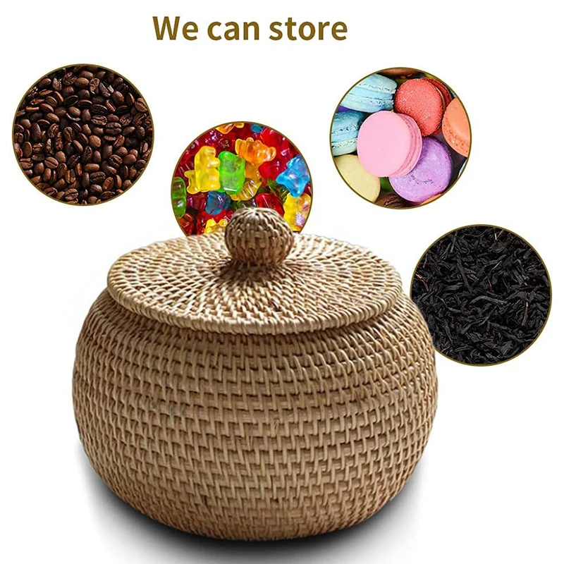 Wicker Storage Basket With Lid Round Fruit Basket Rattan Lightweight Hand-woven Storage Basket With lid For Fruits Vegetables