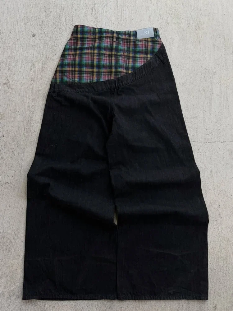 Y2K Trendy Slanted Runway Denim Black Plaid Pattern Printed Denim Pants High Street Streetwear Unisex Wide Leg Baggy Fit Jeans