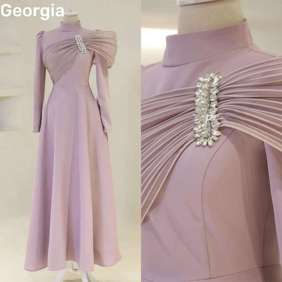 Beadings Luxury Evening Dresses Scoop Neckline Customize Elegant Dresses For Women Floor-Length Zipper Long Sleeves Prom Dresses