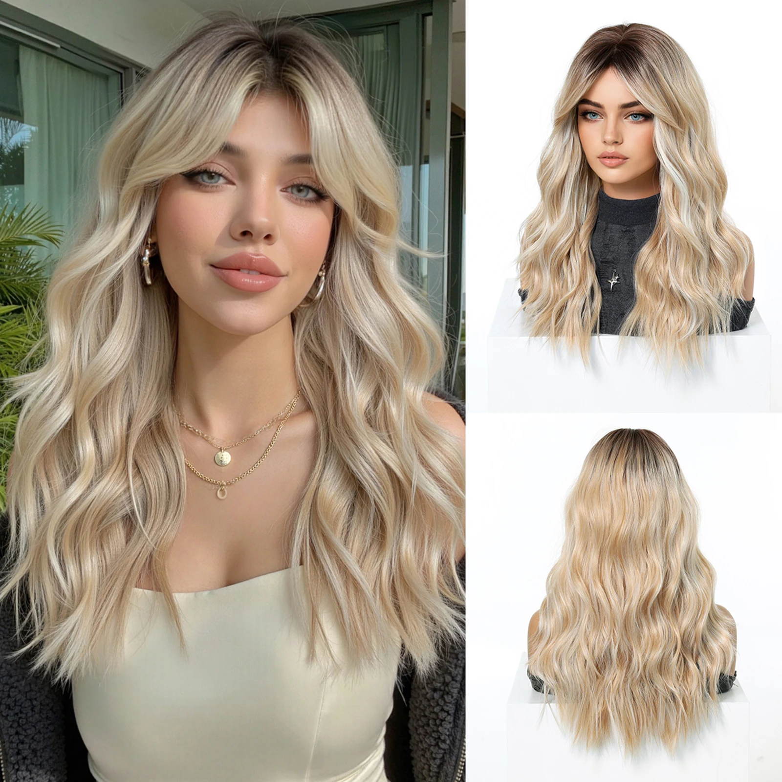 

LOUIS FERRE Ombre Blonde Long Wavy Wig with Bangs Synthetic Hair Wig for Women Cosplay Daily Party Heat Resistant Dark Roots