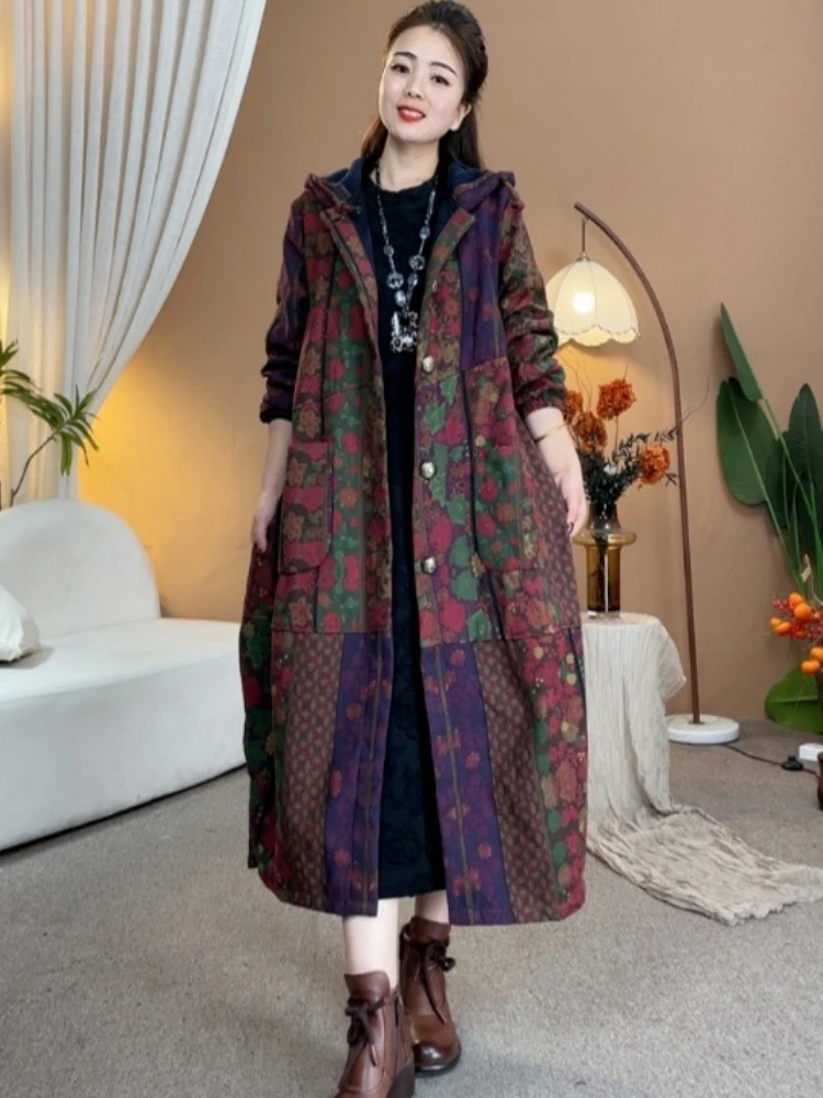 Vintage Floral Print Long Cotton Coat Women Autumn Winter Fur Lined Trench Coat Single-breasted Parkas Warm Loose Outerwear Chic