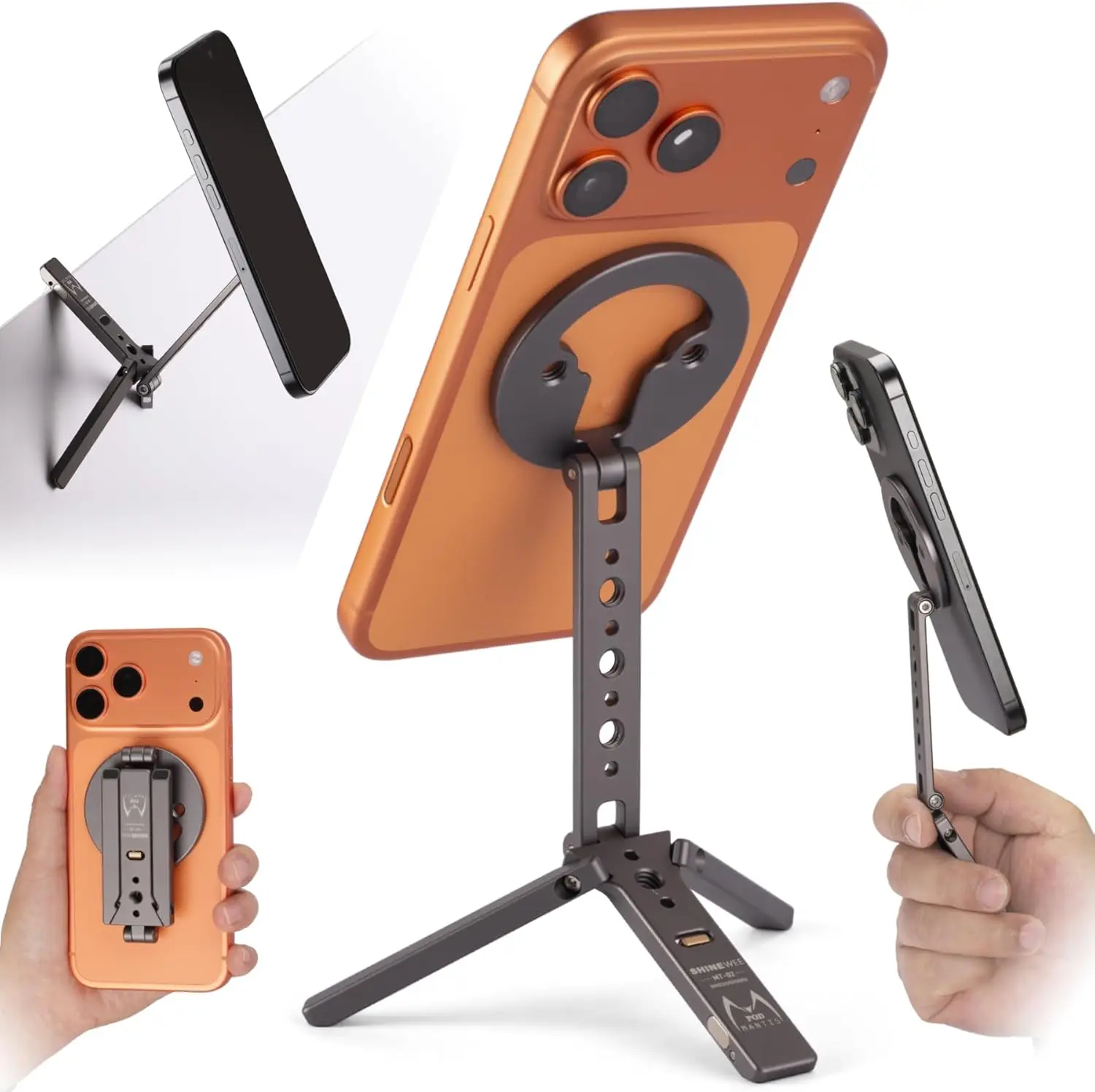 

Ultra-Compact Magnetic Tripod for iPhone | Foldable Hook Design, 20 N52 Magnets, Cold oe & 1/4" Screw - Phone Stand fo