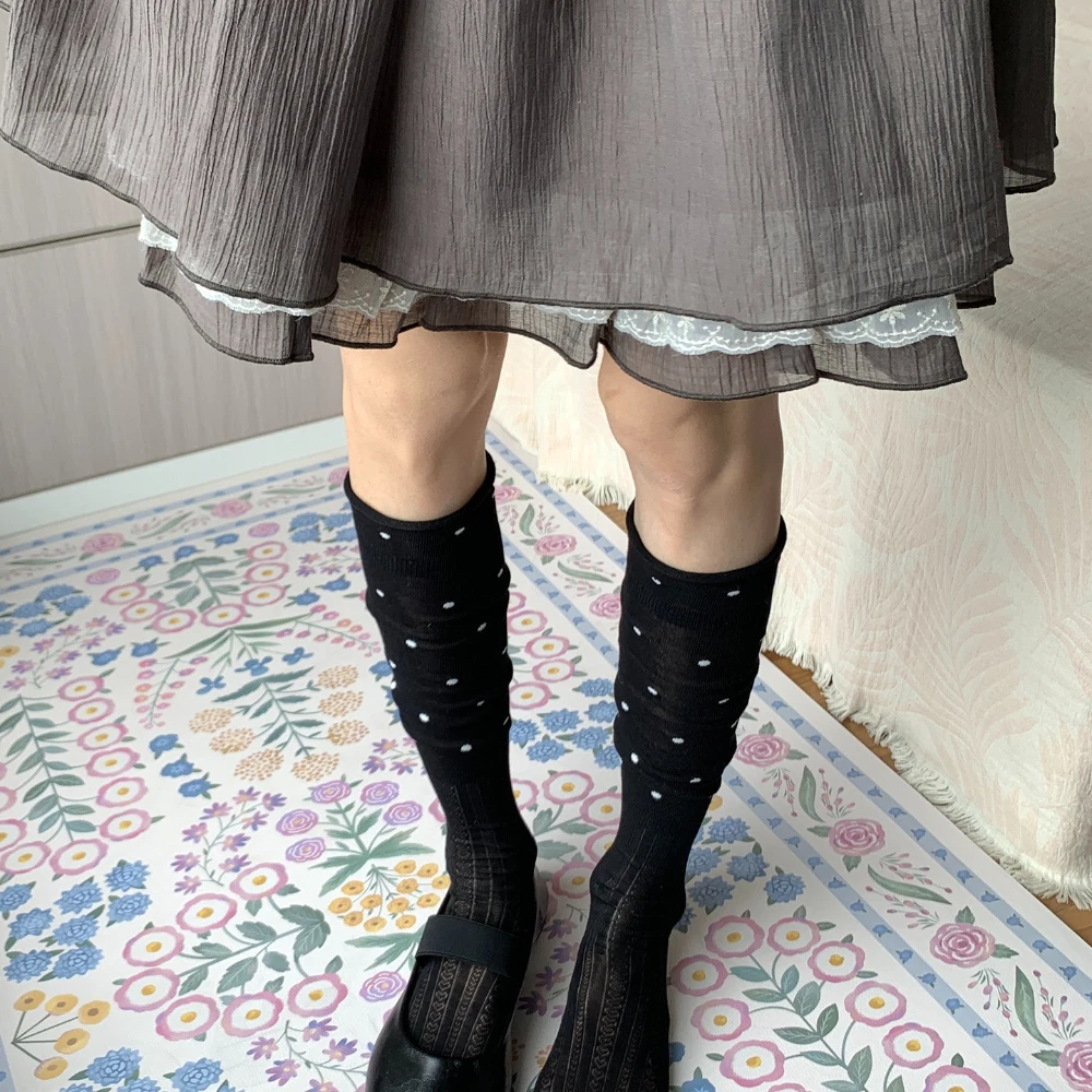 Autumn New Polka Dot Splicing Ballet Style Calf Socks Cute Sweet Ins Casual Slouch Socks Daily Commute Dating Mid Calf Socks