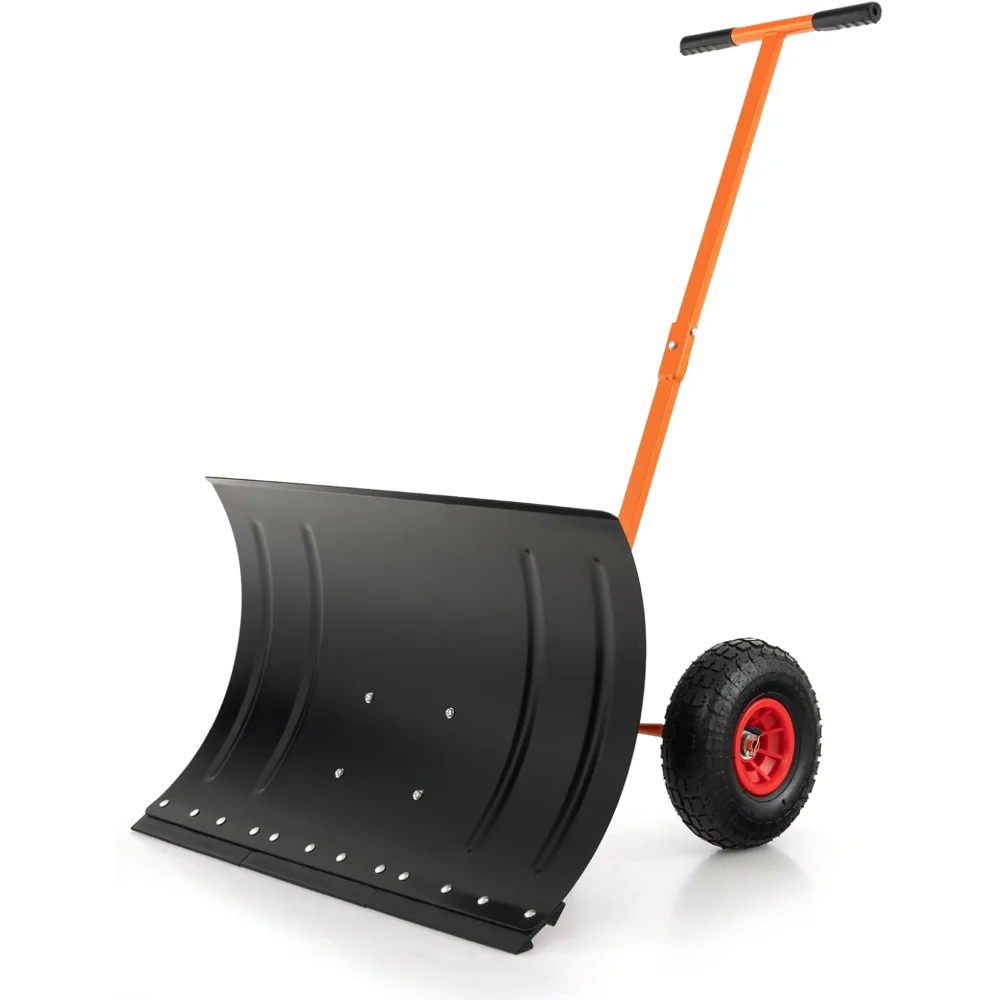 

29" Heavy Duty Snow Shovel with Wheels, Adjustable Height & Angled Steel Blade for Driveways