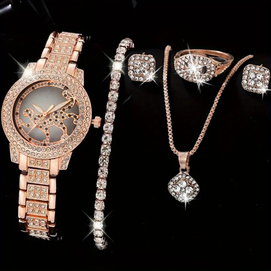 Silvery Rhinestone Quartz Watch Rome Fashion Analog Wrist Watch & 5pcs Jewelry Set, Gift For Women Her