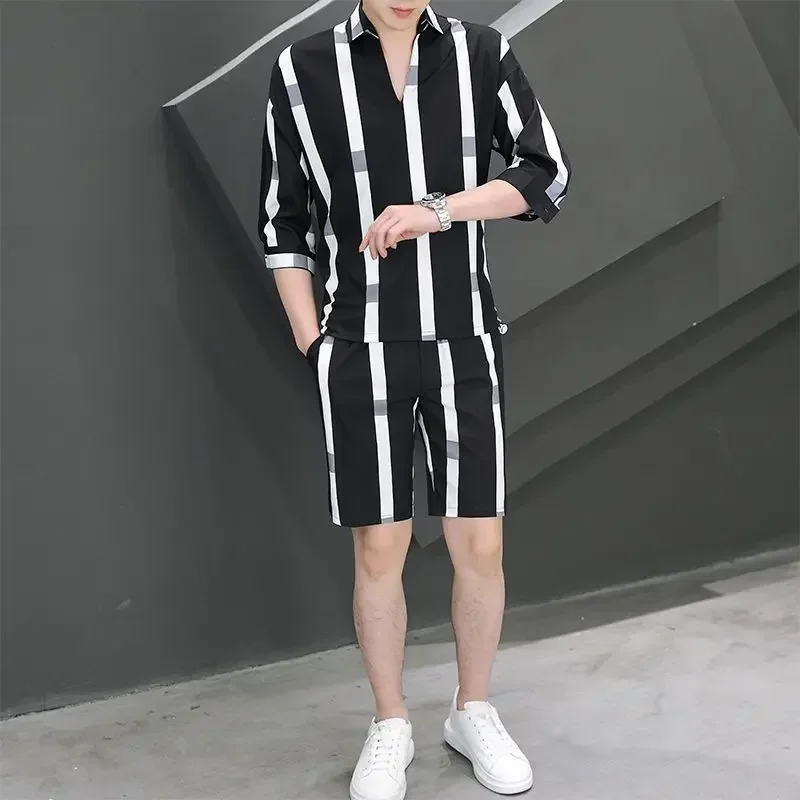 

Sweatshirts T-shirts Shorts Suits for Men Nylon Sweatsuit Tracksuit Print Stripe Man Sets Graphic Korean Two Piece Set Outfit Xl