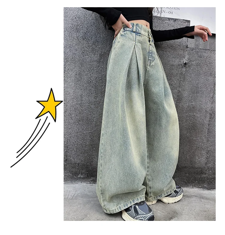 5-14 Jahre Mädchen-Jeans Frühling Herbst Junior Kinder Vintage Street-Style Weite Bein Denim-Hose Koreanische Teenager Streetwear Hose – Detail 7
