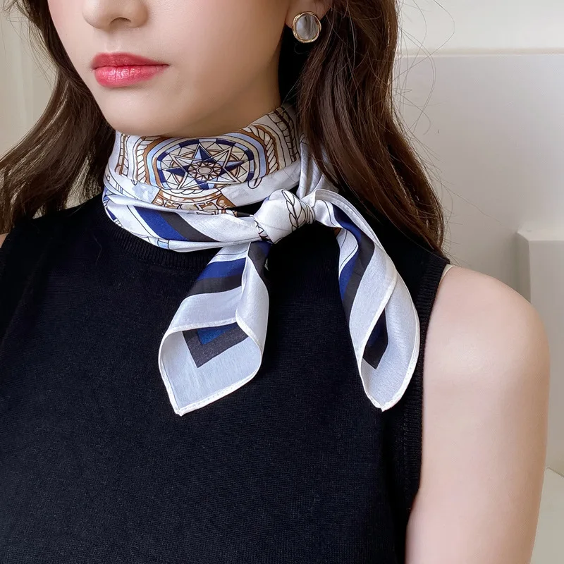 Women Silk Black and white stripes Square Scarf Luxury Brand Female Beach Stoles Echarpe Satin Headband Shawl Wraps Bandana