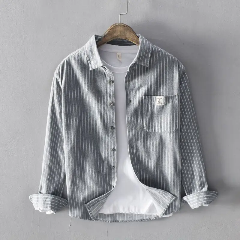 Camisa a rayas de algodón Harajuku para hombres, Tops ajustados, cuello cuadrado informal suelto, bolsillos con botones, Blusa de manga larga, nueva