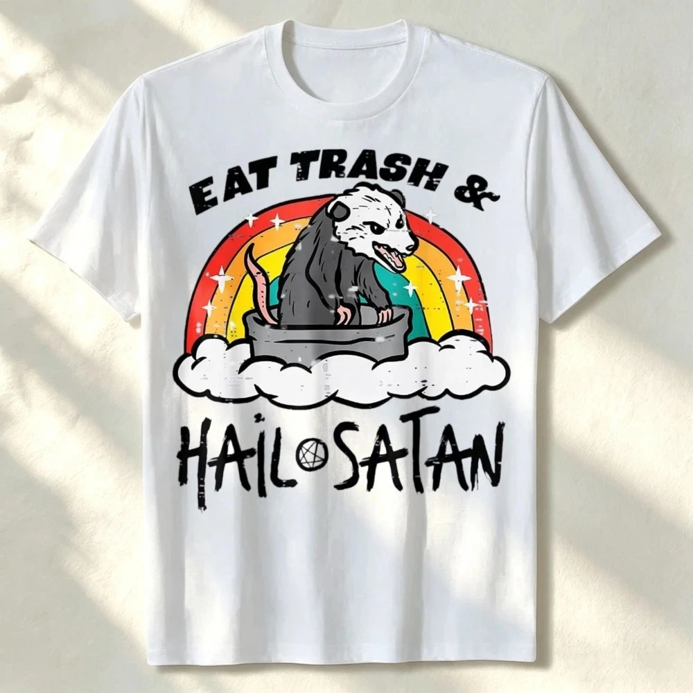 Opossum Eat Trash Hail Satan Funny Possum Occult Men Women T-Shirt Streetwear Funny Outdoors High Quality Cotton Short-sleev Tee