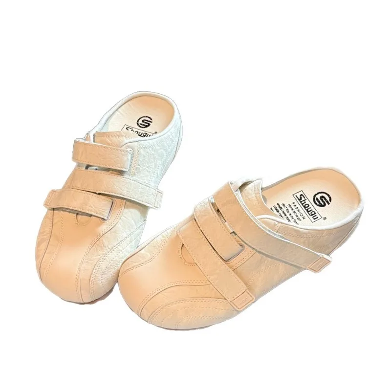 Hidden Heelthick Sole Half Slippers for Women Outwearthick Sole Breathable Toe-cap One-step Velcro Whiteflats view 5