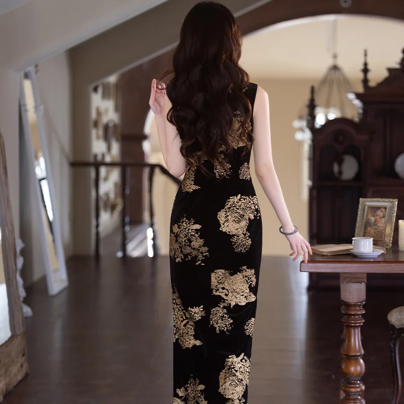 بلا أكمام زهرة سوداء القطيفة اليوسفي طوق شيونغسام عالية سبليت فيستدوس الشرقية العروس فساتين زفاف الصيف حزب ثوب #2