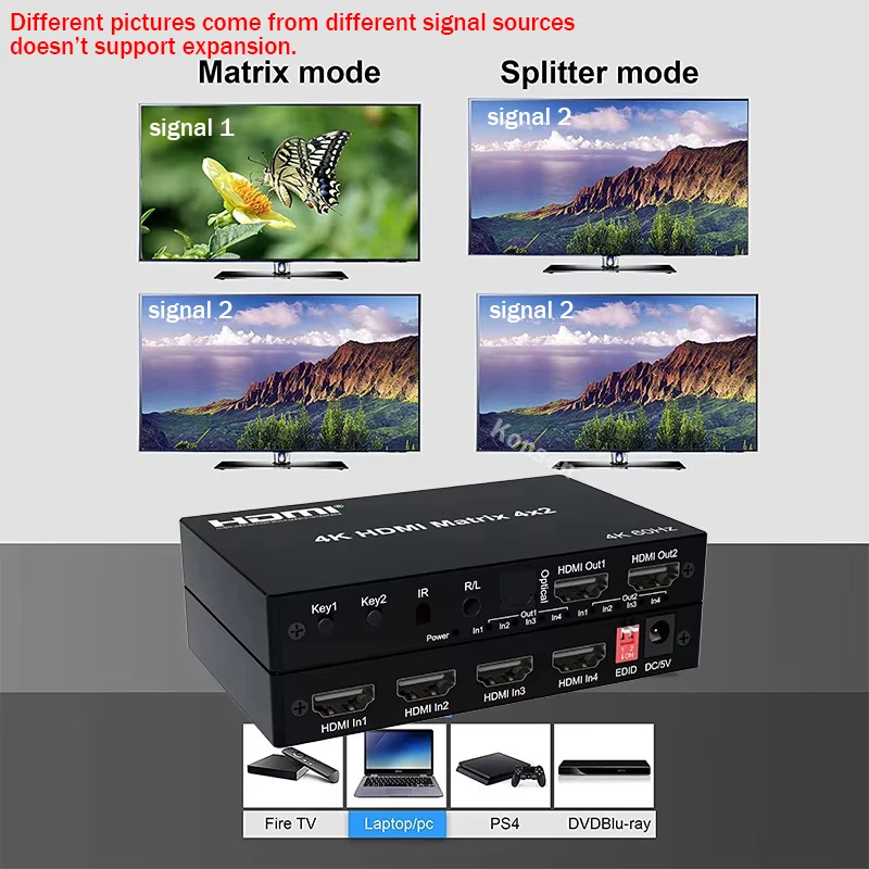 4K HDMI True Matrix Switch 2x4 4x2 2x2 Matrix HDMI Video Switcher Splitter 2 In 4 out with Optical & R/L Audio Extractor HDCP2.2