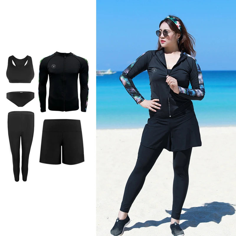 

Plus Size Women Rashguard Sports Swimwear 2023 New Korean Long Sleeve Split Swimsuit Conservative Surfing Swimwear Diving Suit