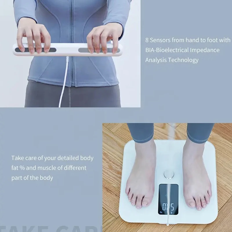 Báscula de bioimpedancia inteligente 2023 Nueva pantalla digital de alta precisión Báscula de grasa corporal Analizador de composición corporal