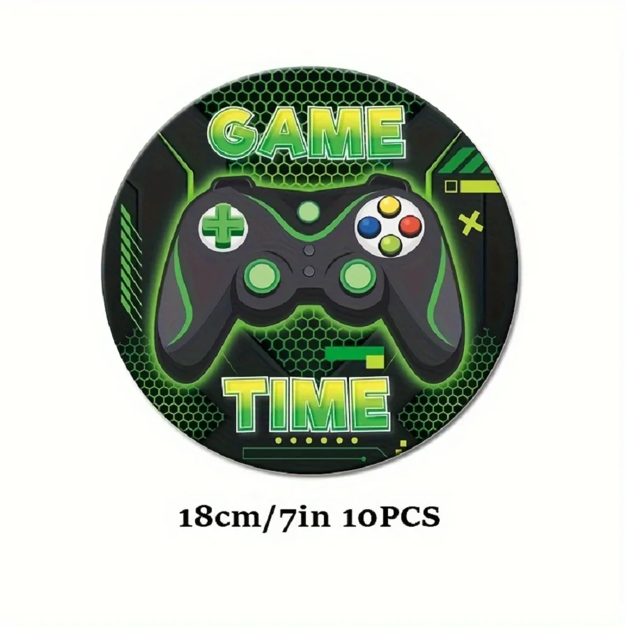 1/10pcs Green Game Theme Birthday Party Decoration Tableware Singles Paper Plates Paper Cups Paper Towels Pull Flags Tableware