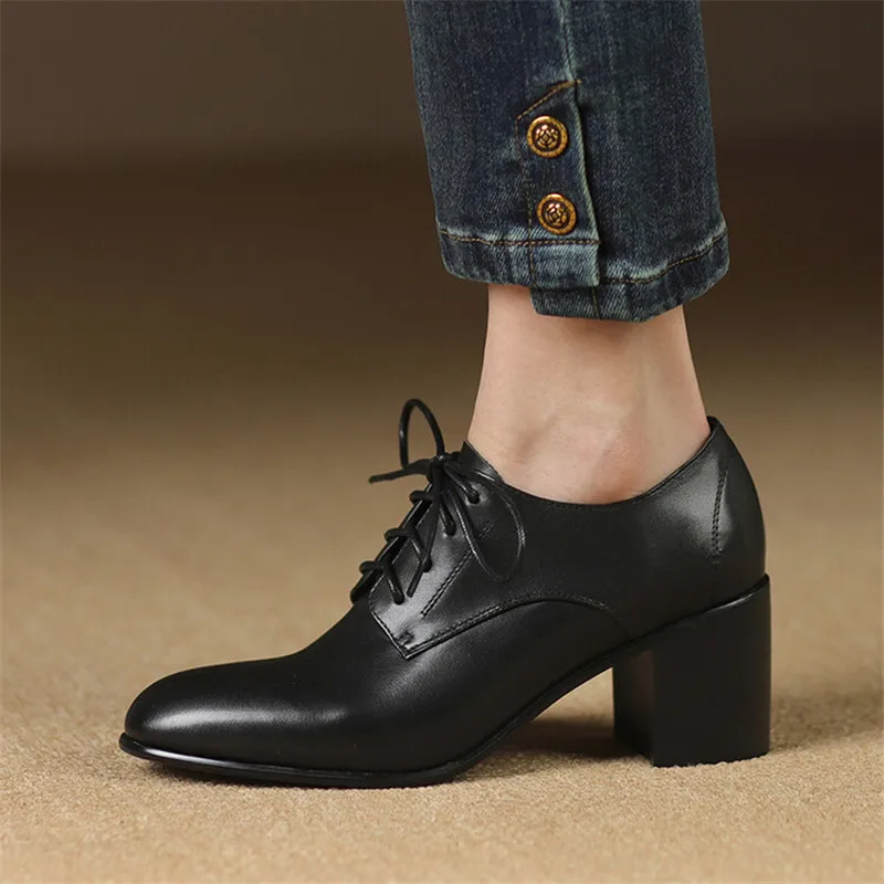 New Spring Genuine Leather Women Shoes Round Toe Women Pumps Shoes for Women High Heel Chunky Heel Shoes Zapatos Mujer Loafers