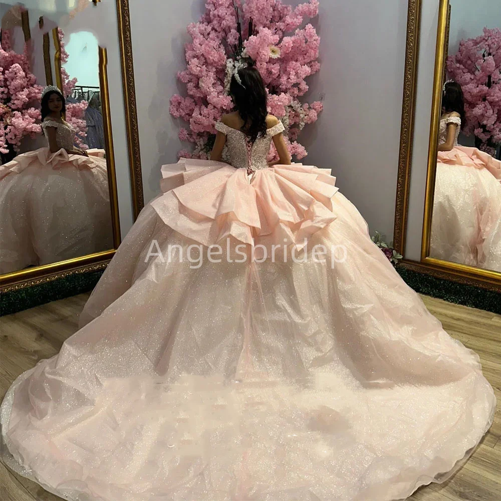 Angelsbride Luxury Mexican Pink Princess Ball Gown Quinceanera Dresses Brithday Party Tiered Back Corset Vestidos De 15 Años