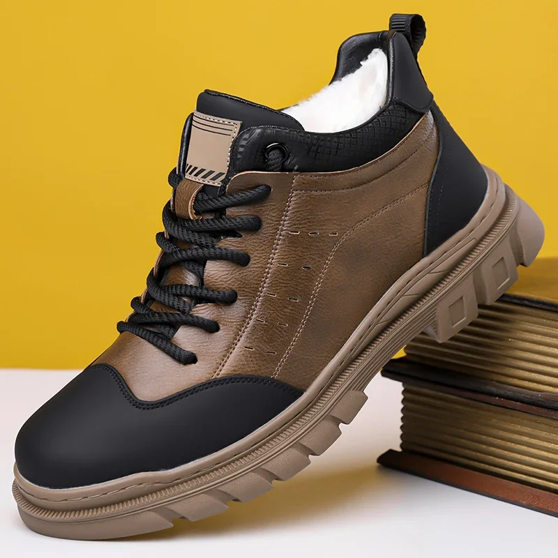 

2025 Fashion Men's Warm Winter Boots Genuine Leather Upper with Thick Furry Lining & Anti-Slip Sole for Cold Weather Activities