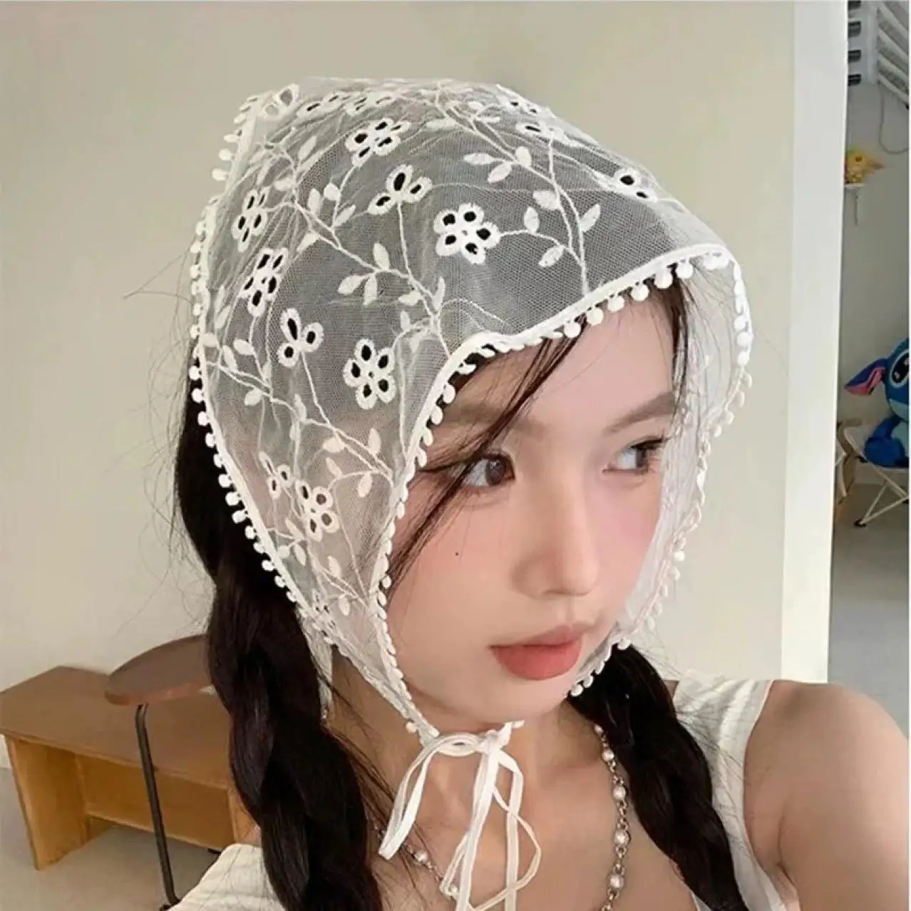 

Elegant Lace Scarf Triangle Neck Scarf Embroidered lace shawl Sweet Lace Floral Handkerchief Sunscreen Crochet Hair Bandanas