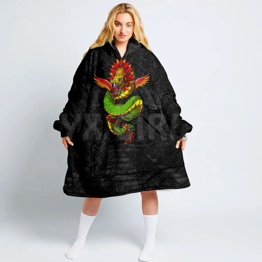 

Aztec God Quetzalcoatl Oodie Blanket Hoodi 3D Printed Winter Hoodie Women for Men Kids Winter Warm Plush Pajamas