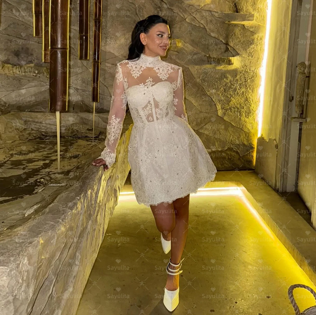 Vestidos de fiesta de cuello alto Sayulita, vestidos de novia de manga larga para verano, vestidos de novia de encaje cortos para ocasiones especiales, personalizados