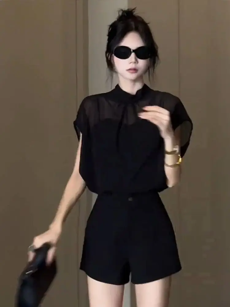 

Fashion French Stand-up Collar Perspective Chiffon Shirt for Women in Summer New Loose Slimming Rear Strap TopYY58