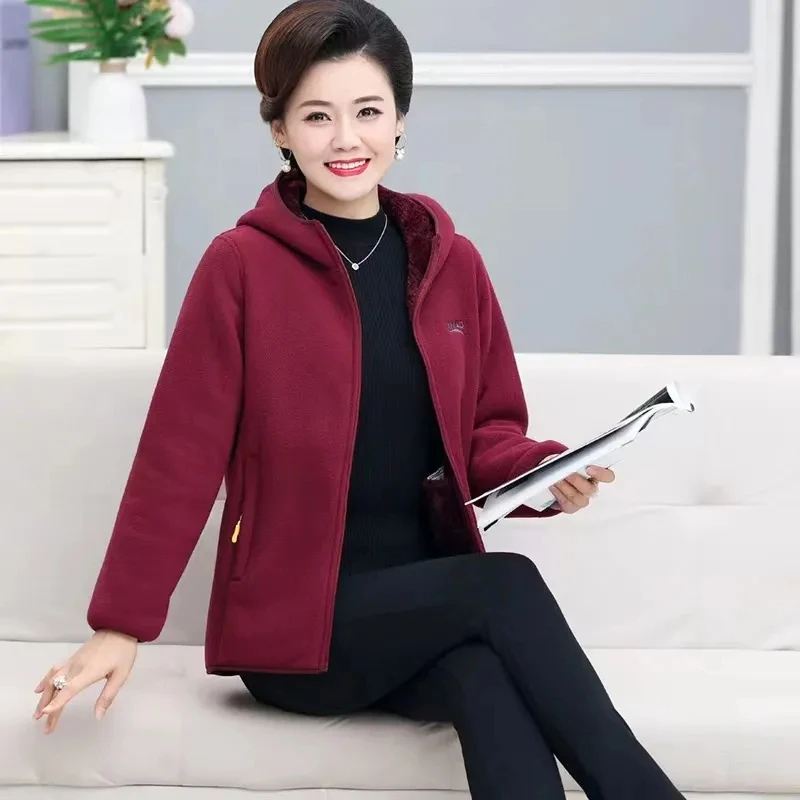 Polar Fleece Jacket Women 2024Autumn Winter New Coat Arctic Velvet Warm Outwear Female Hooded Large Size 7XL Elderly People Tops