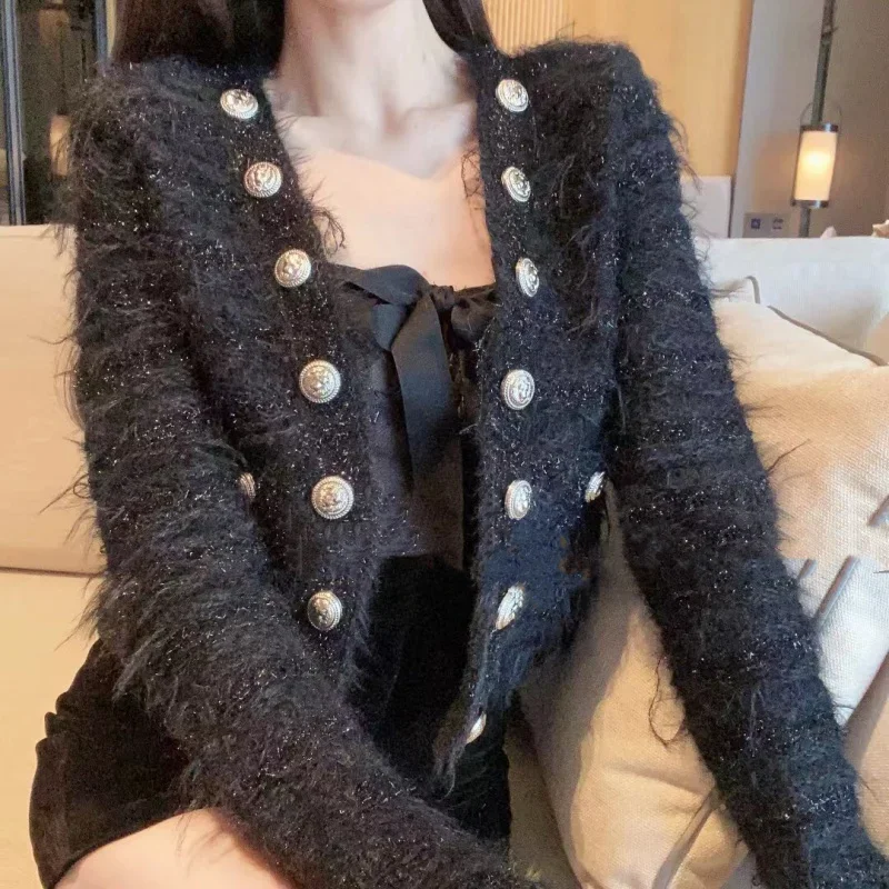 EVNISI Women Casual Office Sweater Fall Winter Double-breasted Cardigan Sweater Coat Thickened Warm Sweet Sweater For Women 2023