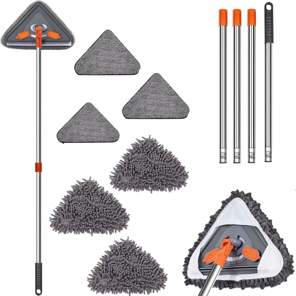 360° Rotatable Window Cleaning Mop Extension Pole Dry And Wet Use Glasss Wall Mop Triangle Shape Long Handle Cleaner Home Use