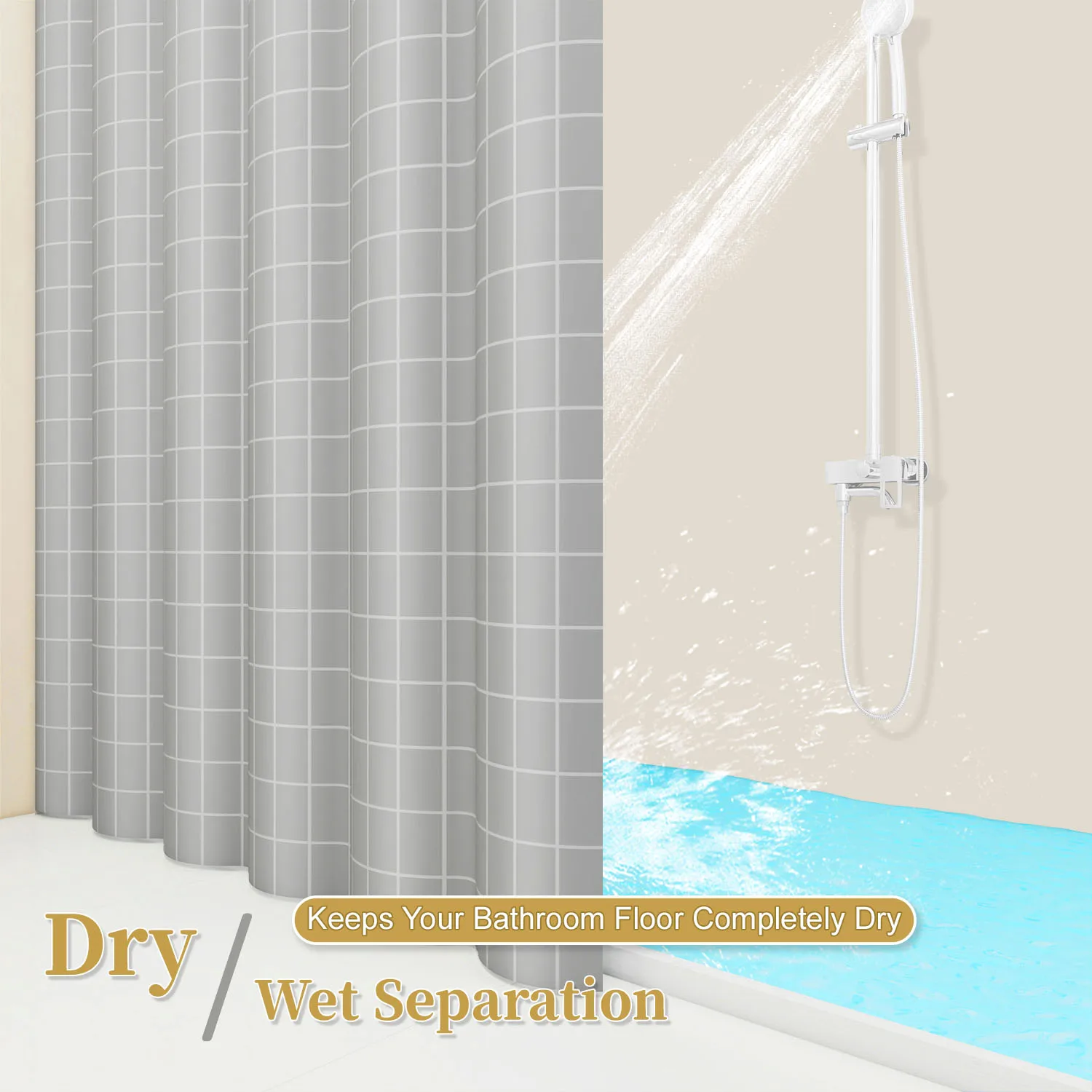 1 Stück grauer Duschvorhang mit geometrischem Gittermuster, wasserdicht, PEVA, modernes, minimalistisches Badezimmer-Dekor – Detail 4