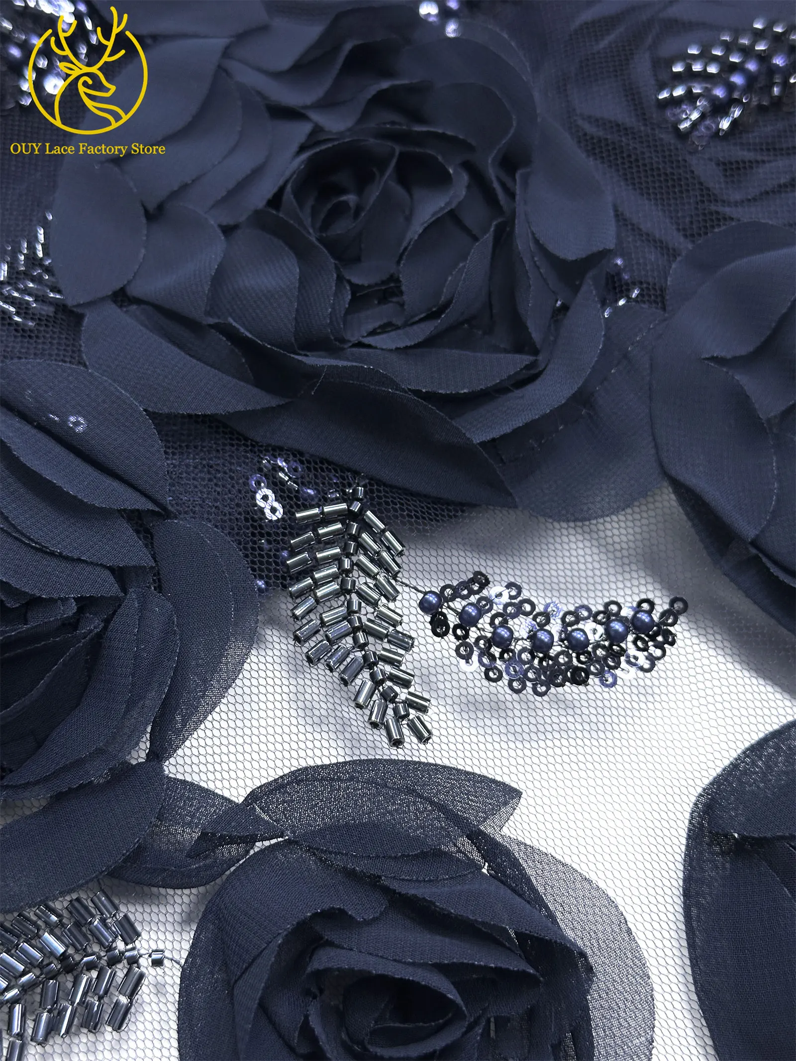 3D-Rosen-High-End Nigerianischer Tüll-Spitzenstoff 2026 – Hochwertiger afrikanischer Pailletten- und Perlen-Spitzenstoff für Brautkleider und Hochzeitskleider zum Nähen – Detail 19