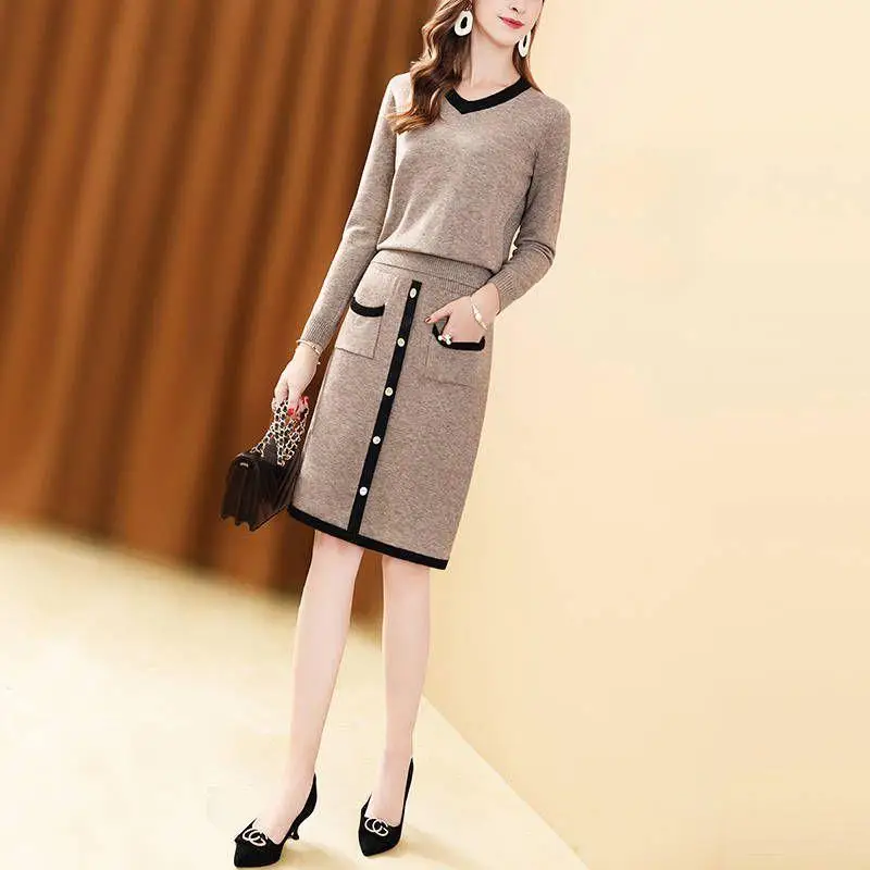 Women Autumn Winter Korean New Fashion V-neck Simple Commuting Dress Pocket Solid Buttons Age Reducing Long Sleeve Skirt Suits