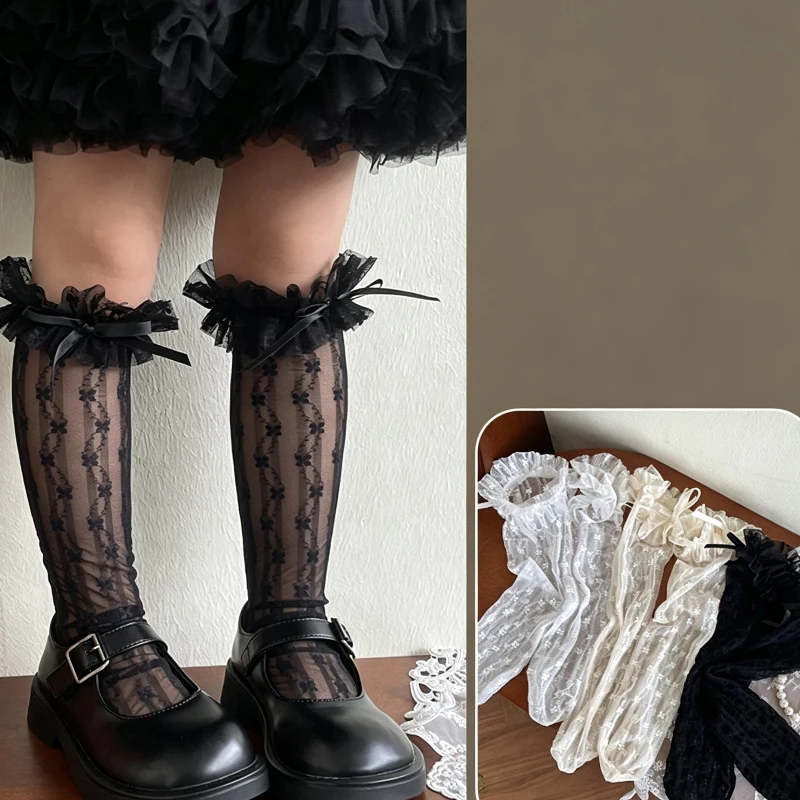 Girls Summer Thin Mid-Calf Socks Lolita Style Mesh Fabric Decorated Four-Petal Flower Bow Lace Ruffle Trim Soft Elastic Hosiery