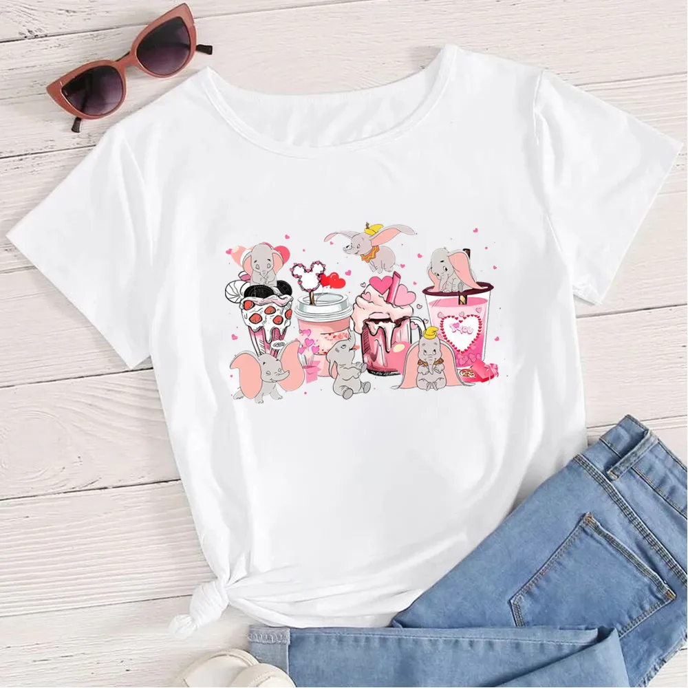 

Coffee Latte T-shirt Cartoons Dumbo Women Tee Shirts Kawaii Valentine's Day Casual Clothes Unisex Harajuku Streetwear Top