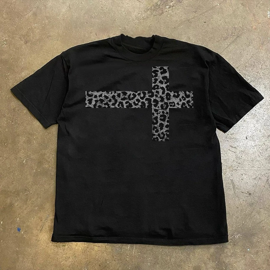 Men's Oversized Leopard Print Cross T Shirt Y2K Streetwear Casual Crew Neck Short Sleeve Cotton Tee Unisex Summer Graphic Top