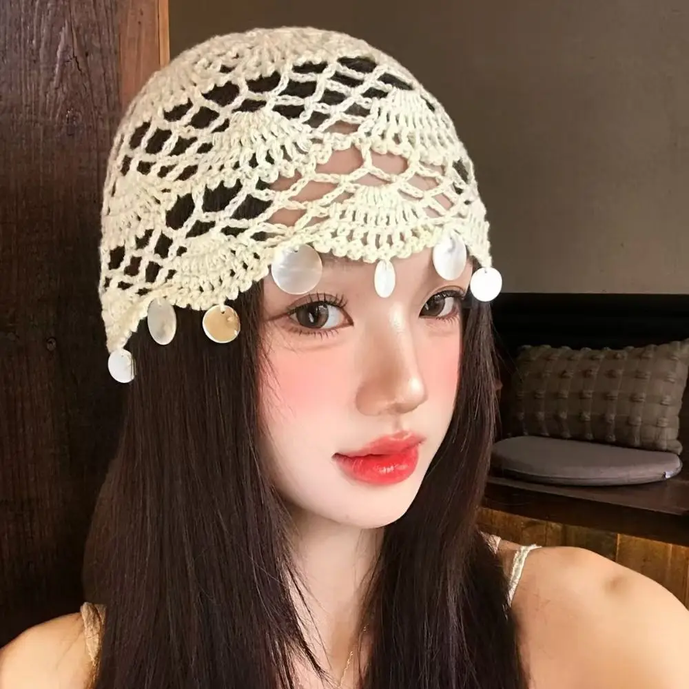 Retro Elegant Hollowed Out Knitted Hat Thin Ethnic Style Shell Tassels Hat Solid Color Korean Woven Pullover Cap Spring Summer