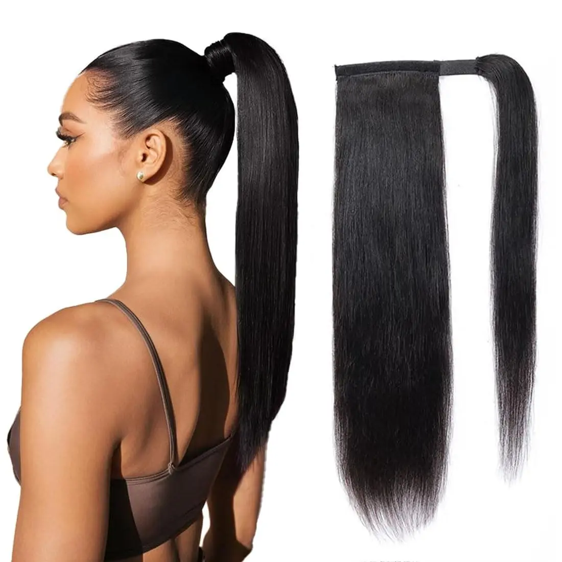 شعر بشري مستقيم على شكل ذيل حصان مع شريط سحري ملفوف، وصلات شعر برازيلية متموجة على شكل ذيل حصان، لون أسود طبيعي