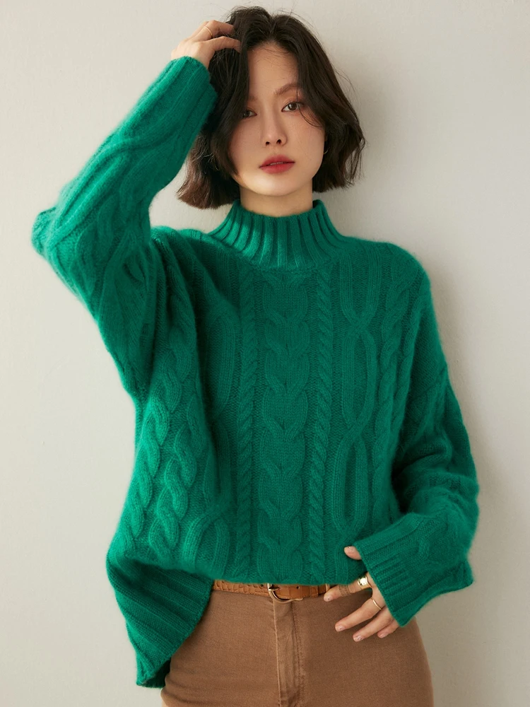 Heavyweight Women 100% Cashmere Sweater Cable Knitting Vintage Loose Style Pullover Cashmere Knitted Jersey Autumn Winter Tops