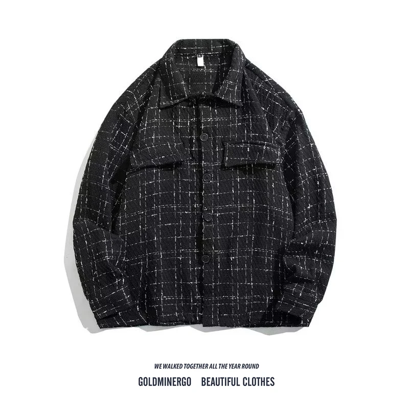 

Casual Men's Tweed Jacket Spring Autumn Loose Fit Classic Plaid Shirt Trendy College Style Outerwear Polyester Long Sleeve