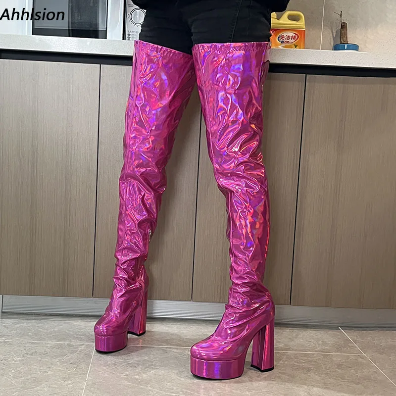 

Ahhlsion New Women Spring Thigh Boots Side Zipper Chunky Heels Round Toe Beautiful Fuchsia Cosplay Shoes Ladies US Size 5-20