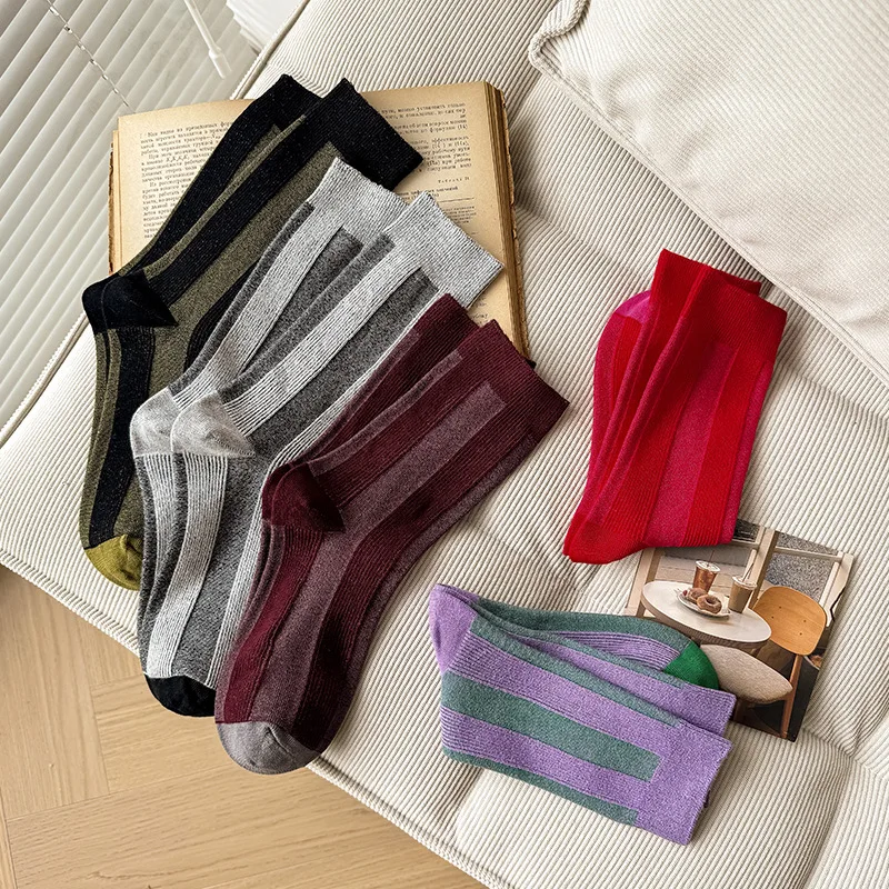 Harajuku Colorful Striped Vintage Crew Socks Korean Vertical Bar Color Border Forest Series Sock Personality College Style Soxs