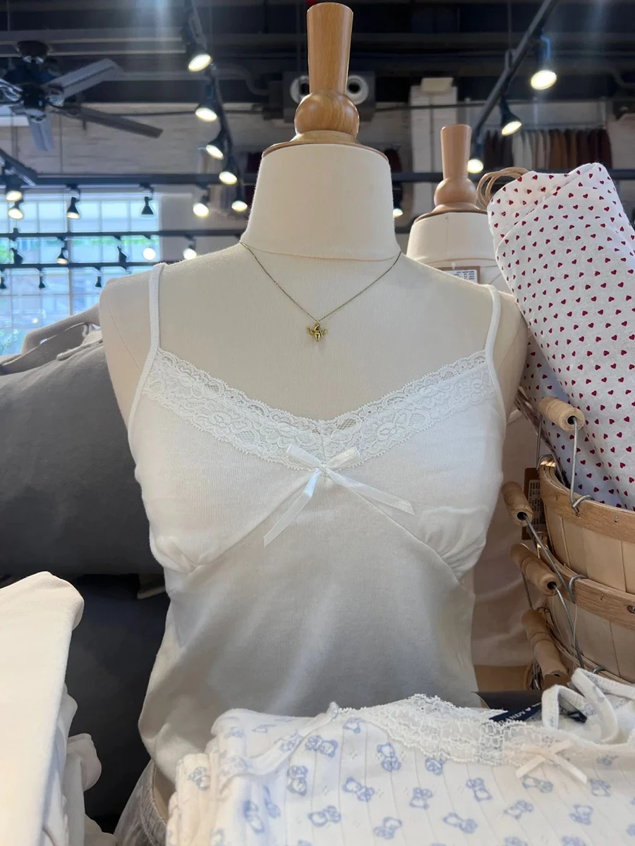 

Белый укороченный топ с кружевной отделкой и бантом, женский летний сексуальный укороченный топ с v-образным вырезом, хлопковые укороченные майки без рукавов, милые милые тонкие майки в консервативном стиле Y2k
