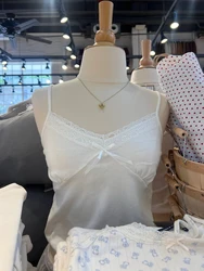 Lace Trim Bow White Crop Top Women Summer Sexy V Neck Cotton Sleeveless Cropped Camis Sweet Cute Preppy Style Slim Tank Tops Y2k