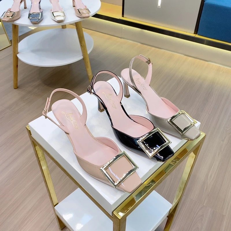 

Spring 2026 Women's Faion Patent Leather High Heels Bule Strap Pointed Toe Single oes Comfortable Breathable Rubber Sole