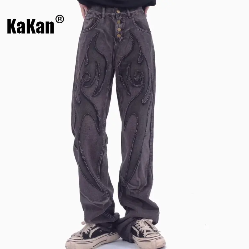 Kakan - New Vintage Patch Embroidered Jeans for Men, Harajuku Made Old Straight Length Jeans K33-8769